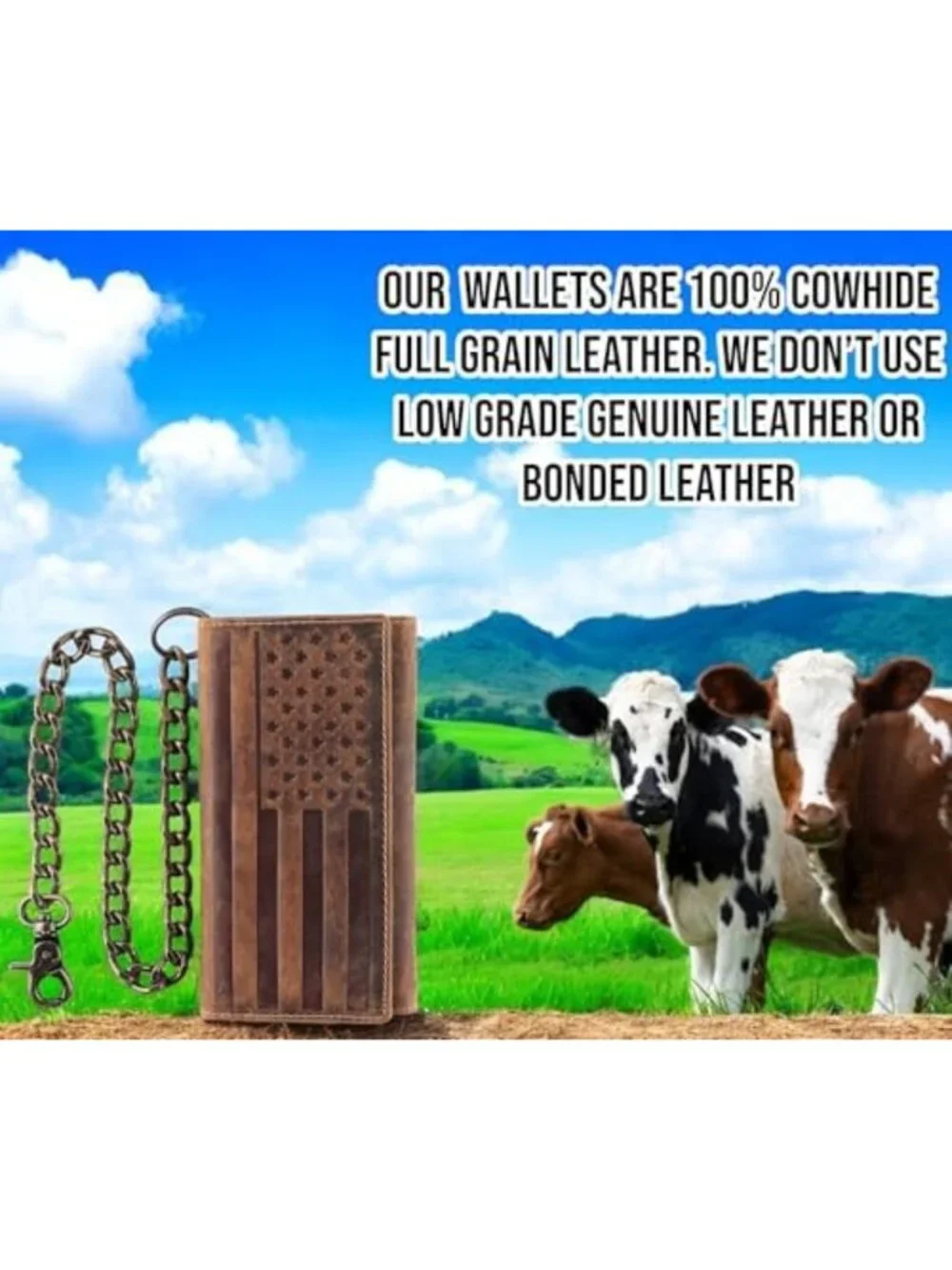 Classic RFID Blocking Men's Tri-Fold Leather Wallet with Steel Chain - Brown
